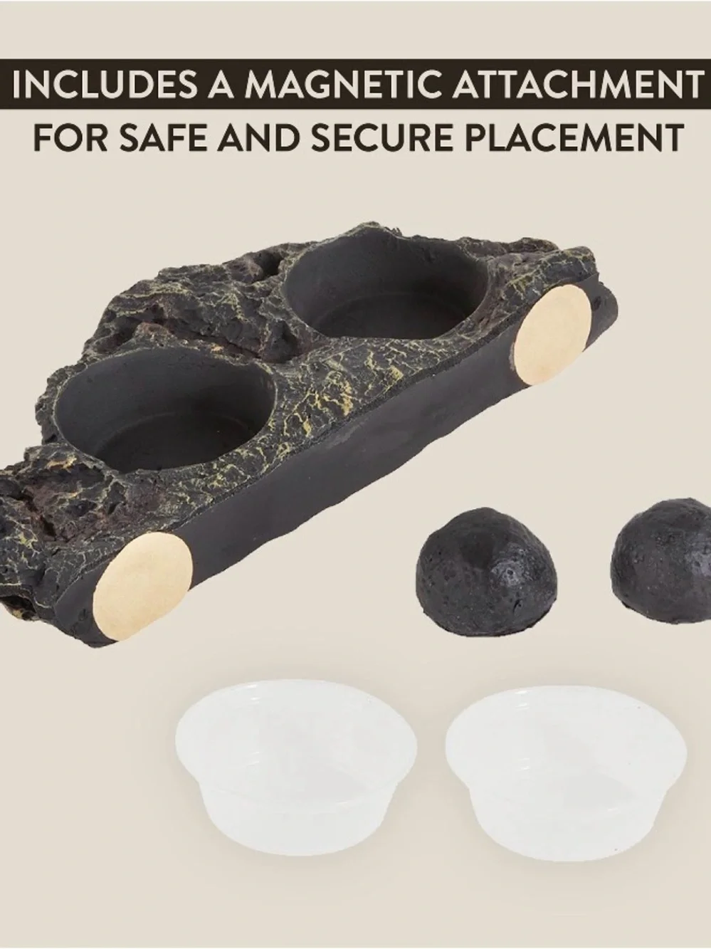 Magnetic Reptile Rock Feeding Ledge Double Cup - Brown/Black